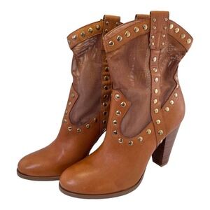 BCBG Generation Tan Winston Leather Western Ankle Boots Snap Detail Sz‎ 9.5 Mesh